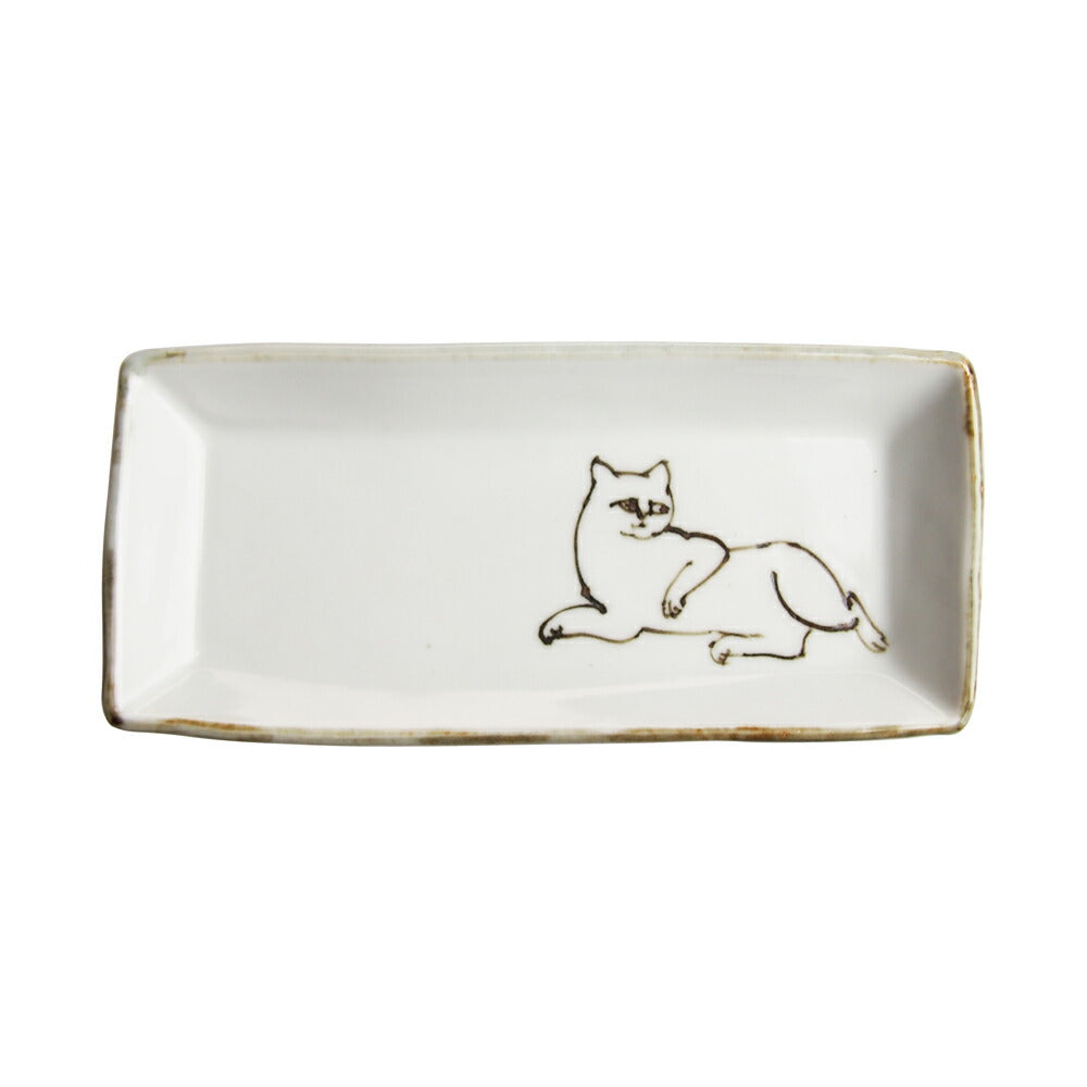 和食器 内村七生 白猫 長角豆皿 (眠り)