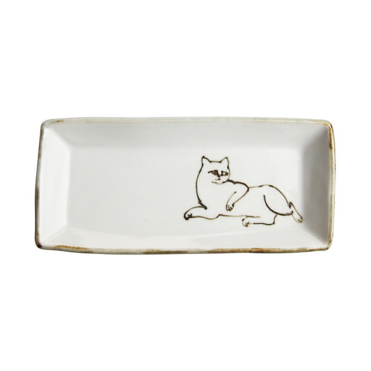 和食器 内村七生 白猫 長角豆皿 (眠り)