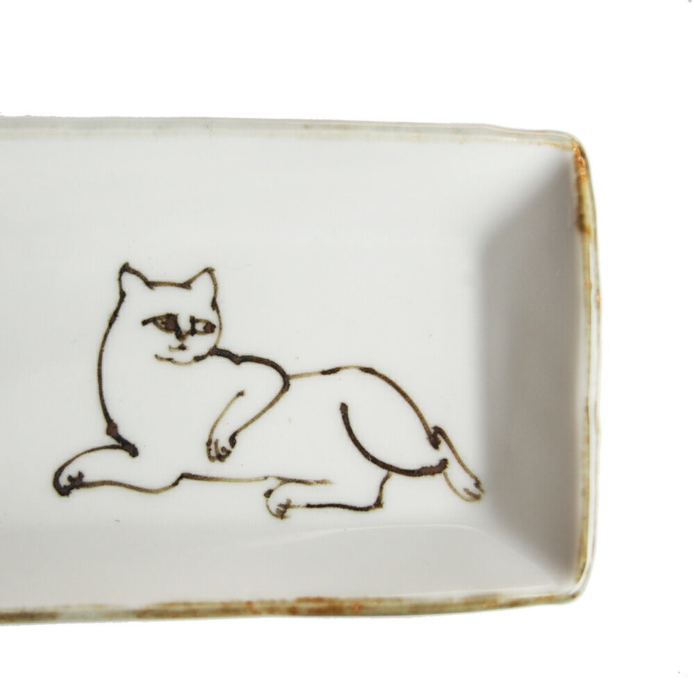 和食器 内村七生 白猫 長角豆皿 (眠り)